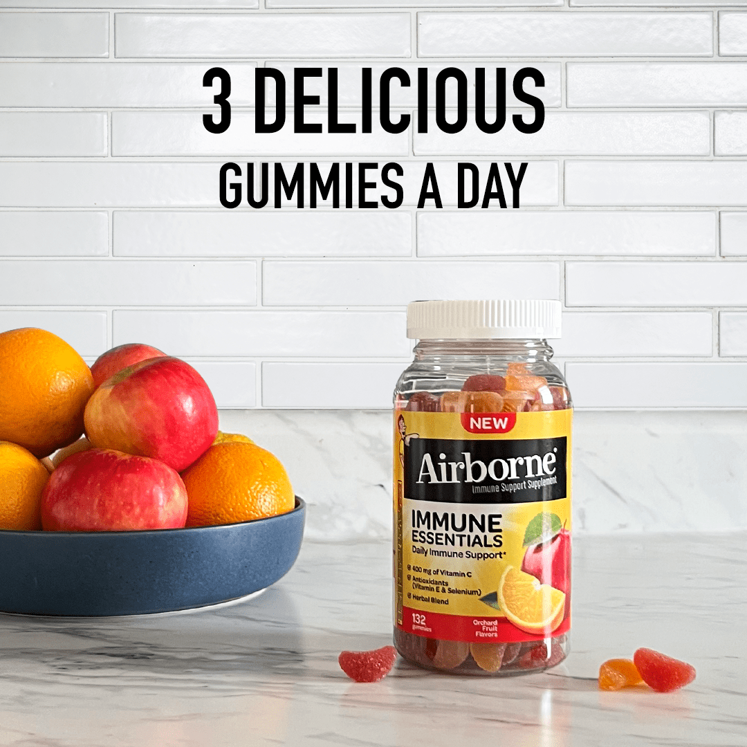 Eat 3 delicious Airborne Immune Essential gummies a day
