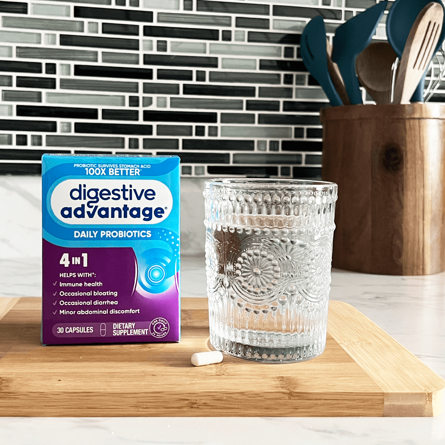 A picture of Digestive daily probiotics with water glass