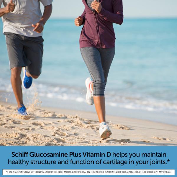 Two people are jogging on the beach showing how Schiff Glucosamine promotes healthy structure and joint function