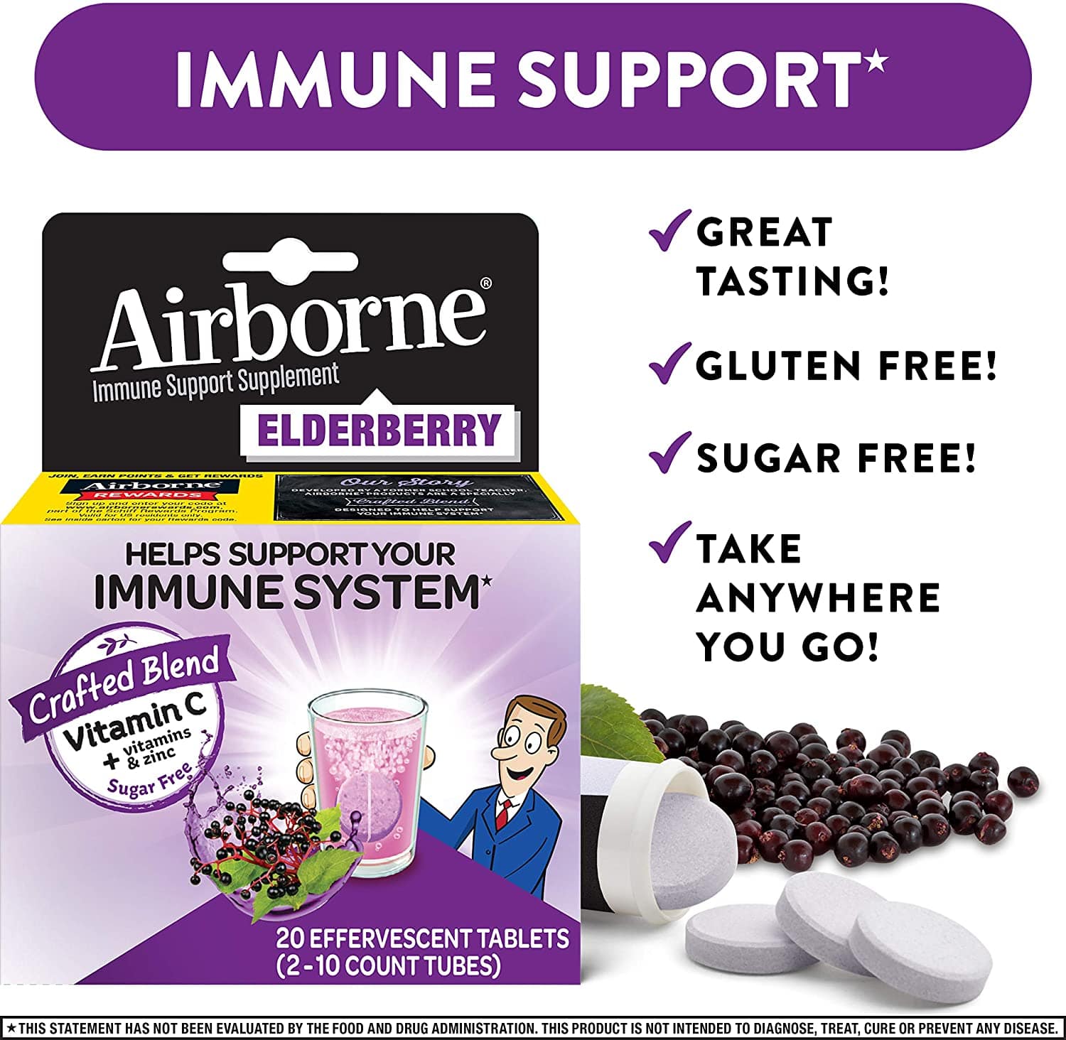 Airborne Immune Support Effervescent Elderberry Flavored Tablets Package plus benefits