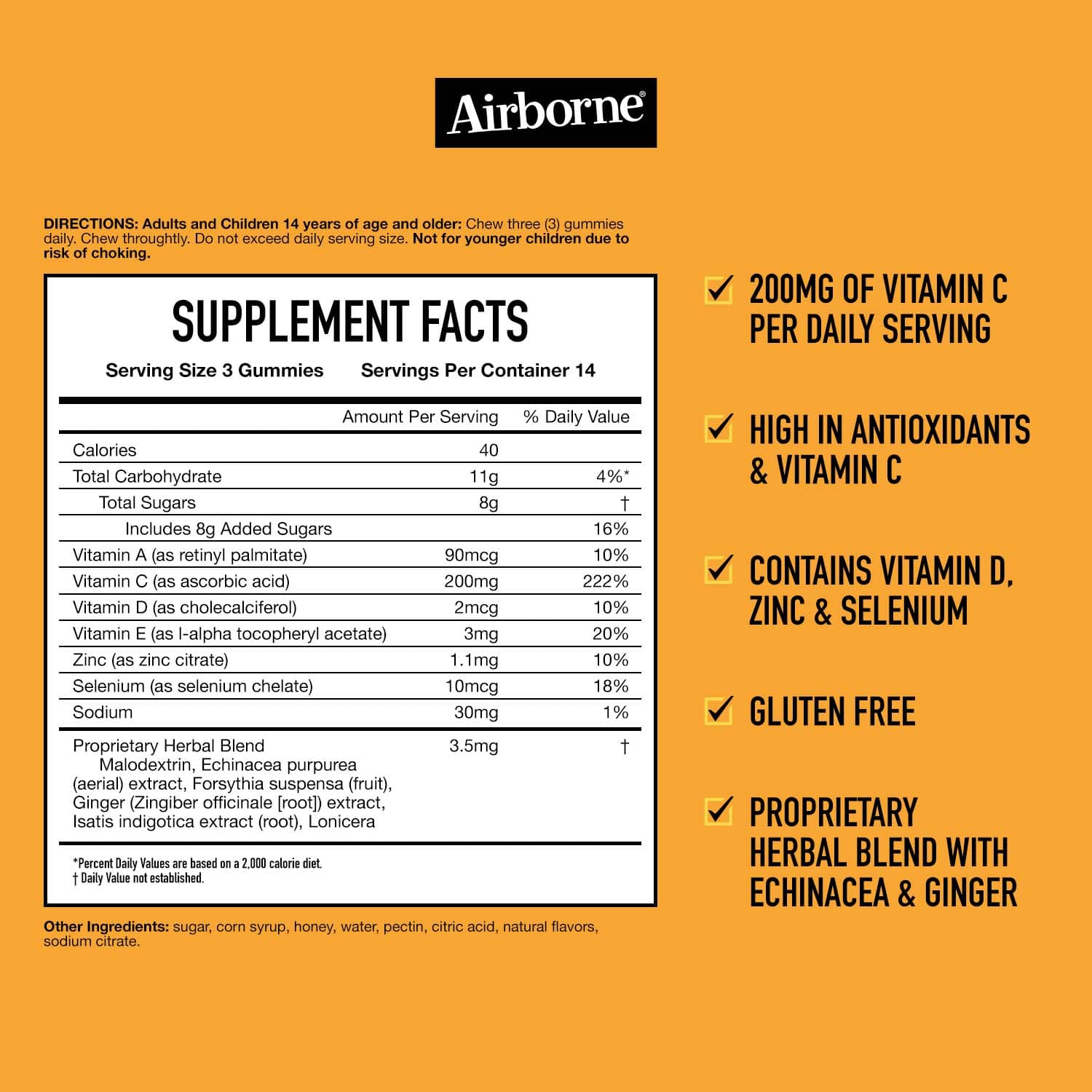 Airborne Honey Lemon Immune Support Supplement facts and benefits 