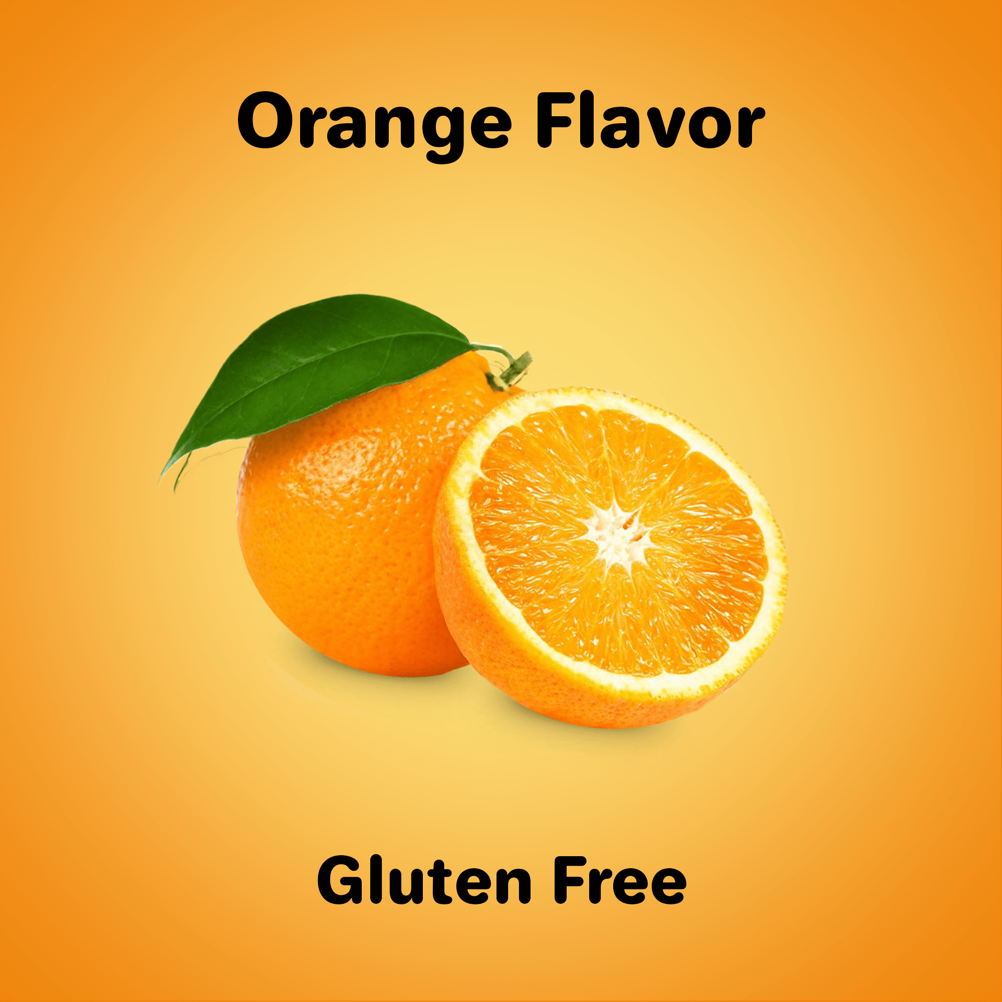 A sliced orange denoting product characteristics: gluten free and orange flavor