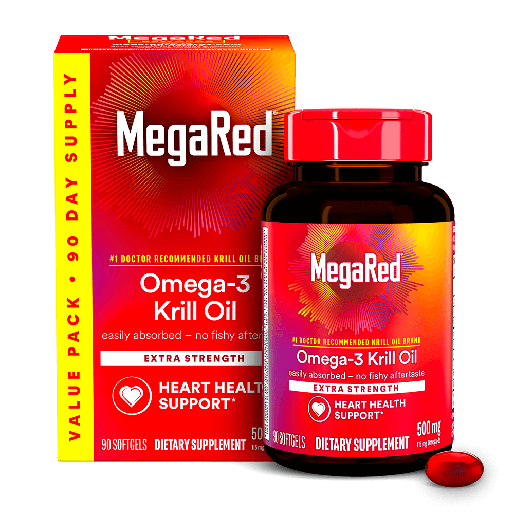 MegaRed Extra Strength Omega-3 Krill Oil capsules package and bottle, 90 included in both