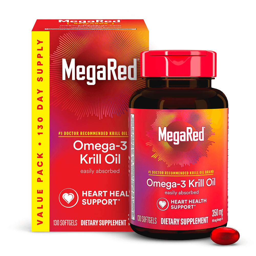 Package and bottle of MegeRed Omega-3 Krill Oil Softgels, 130 included in both