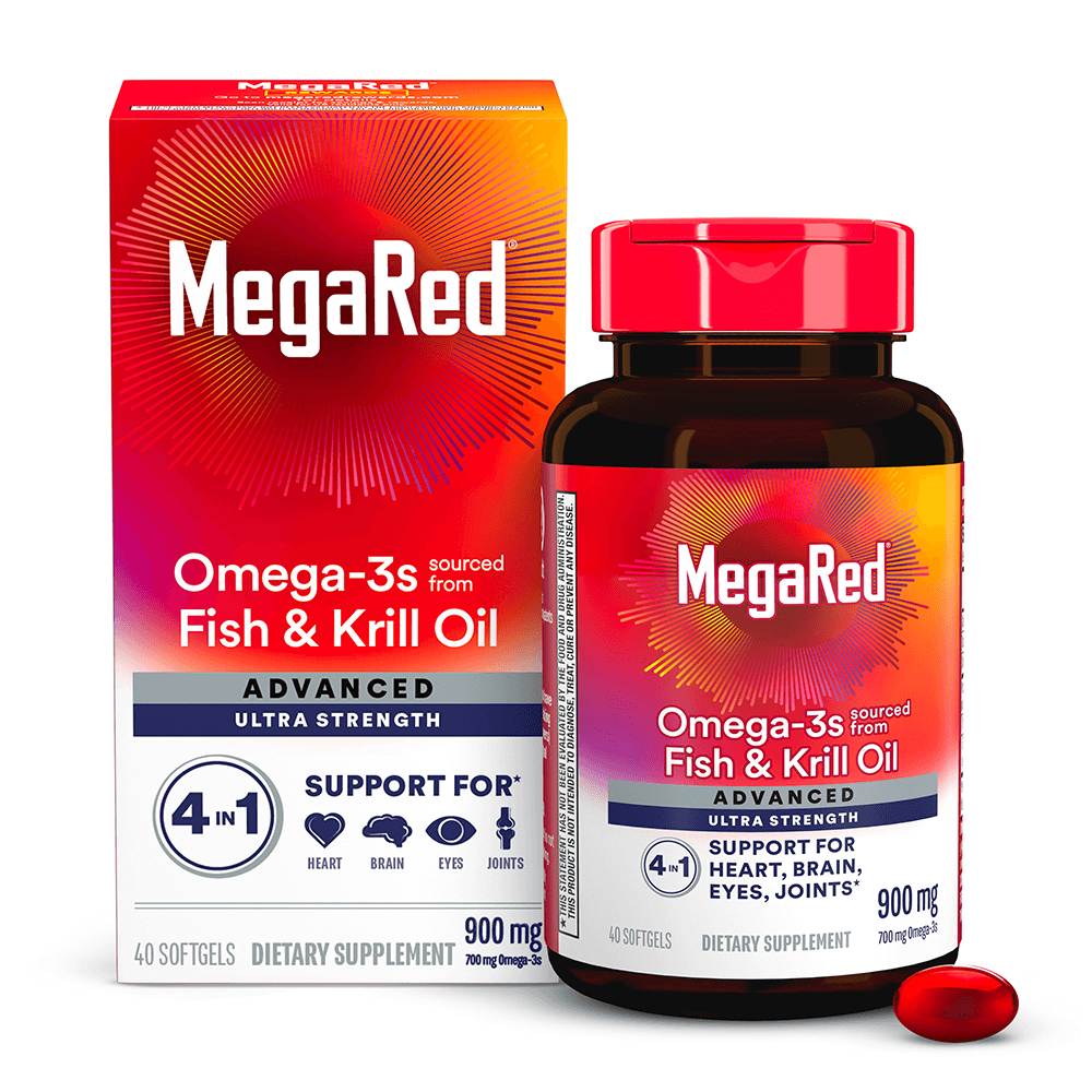 MegaRed 4-in-1 Omega-3 Fish and Krill Oil Supplement bottle next to package