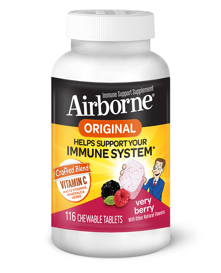 A bottle of Airborne Berry Chewable Tablets, 116 included